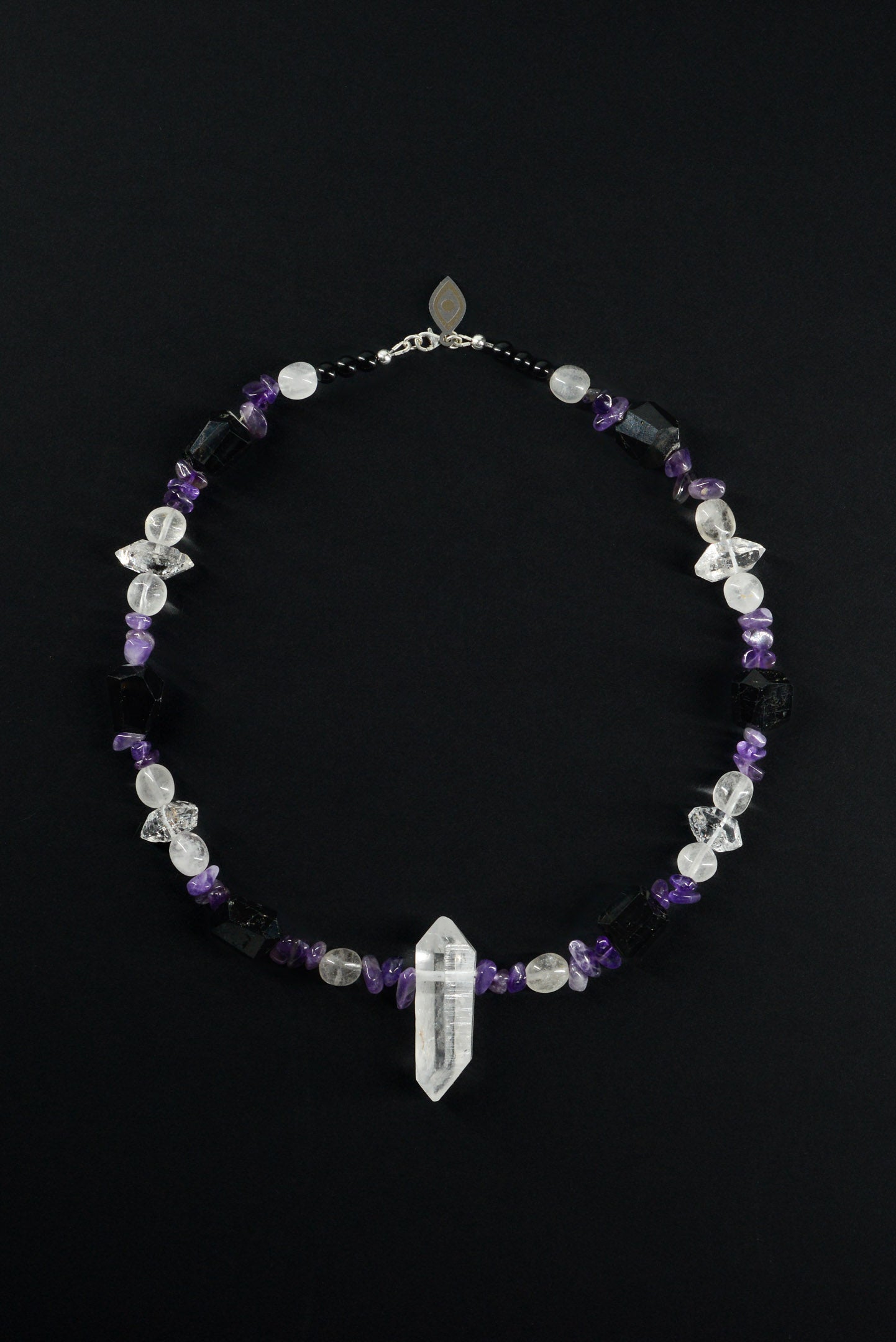 CHAIN 04: Bergkristall, Schwarzer Turmalin, Amethyst & Doppelender-Kristall